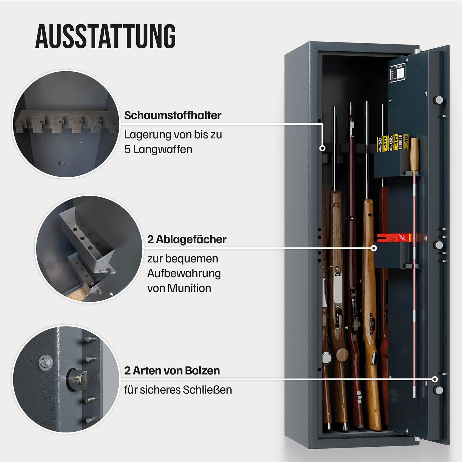 Profirst Waffenschrank Shooter 5 EN0 Anthrazit Stahl bedingter Feuerschutz Elektronikschloss Notbestromung Platz für 5 Langwaffen Schaumstoffwaffenhalter inkl. Befestigungsmaterial