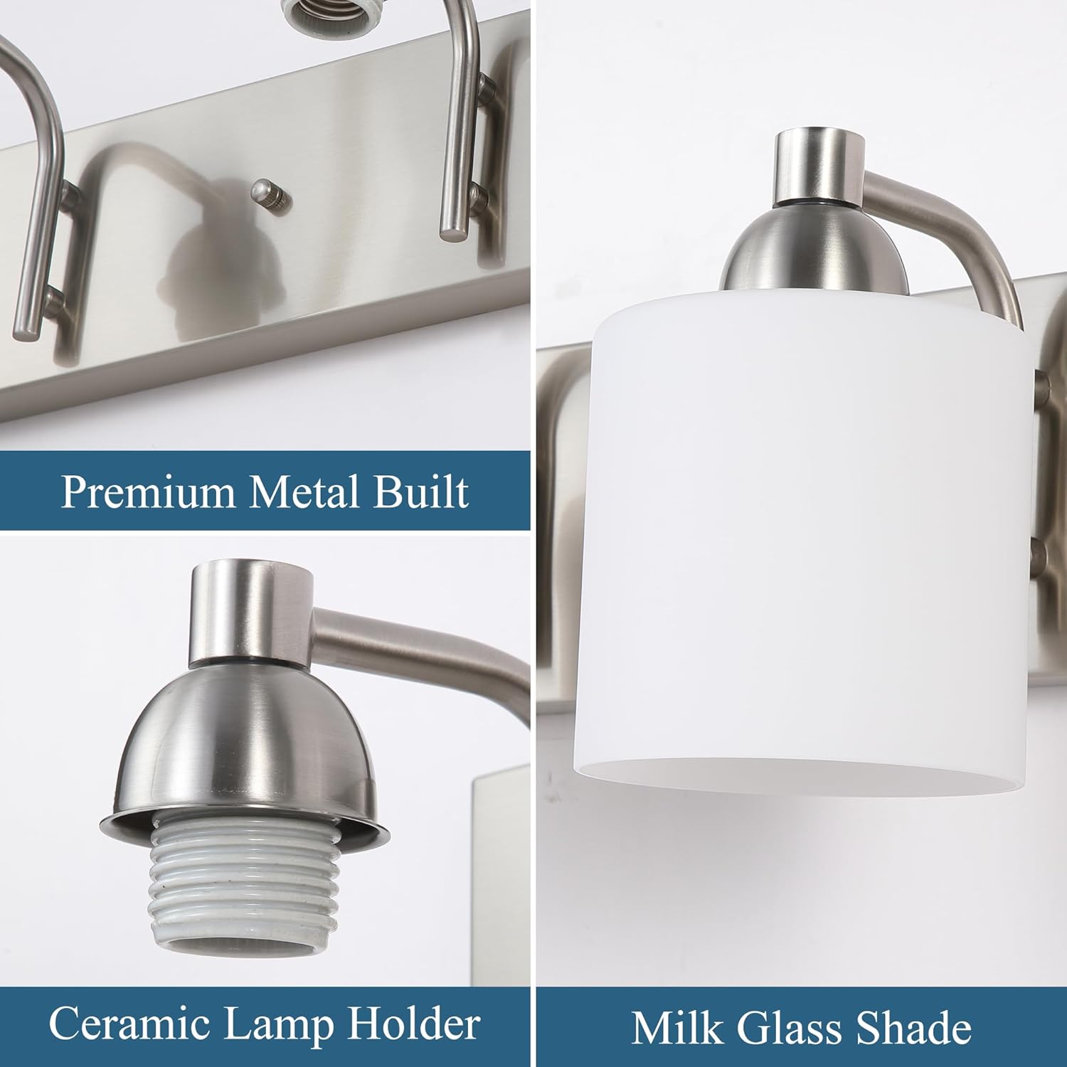 Stainless Steel Milk Glass Bathroom Vanity Light Over Mirror, 3 Light Brushed Nickel Bathroom Light Fixtures with Frosted Glass, Modern Vanity Lighting Wall Mount