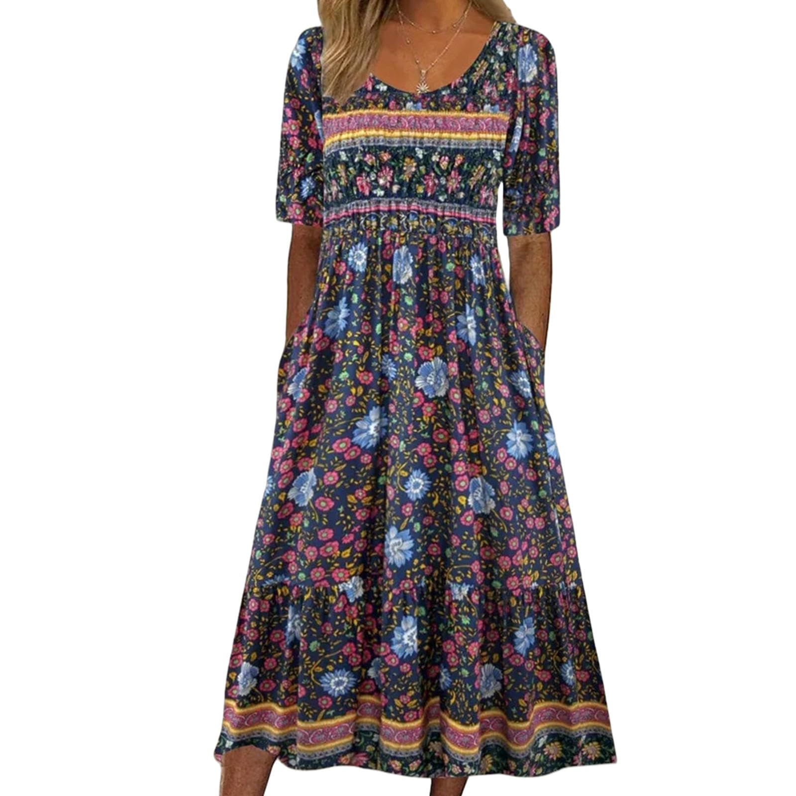 Abiti da Donna Abito Lungo A Manica Corta da Donna Rotonda da Donna con Abito Stampato-c-XL