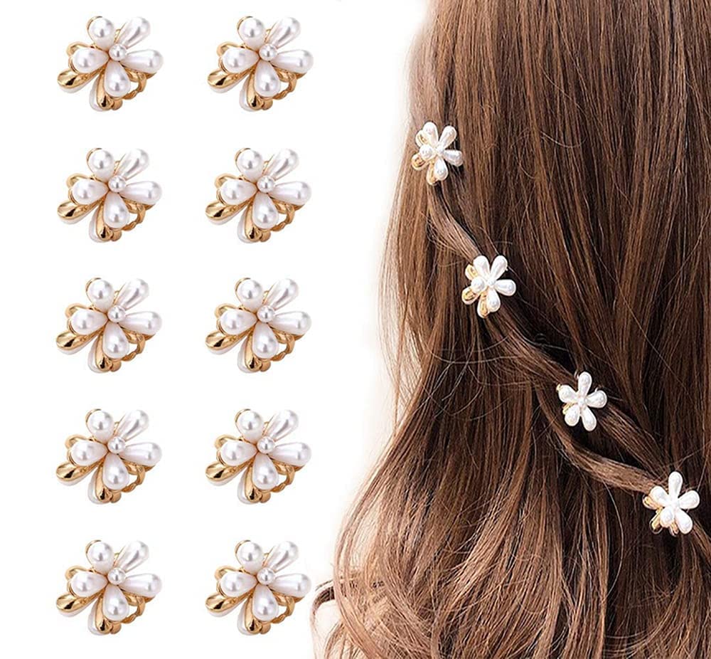 ME-ONE Korean Style Small Pearl Hair Claw Clips Mini Pearl Claw Clips with Flower Design, Sweet Artificial Bangs Clips Decorative Hair Accessories for Women's Girls (Pack of 10)