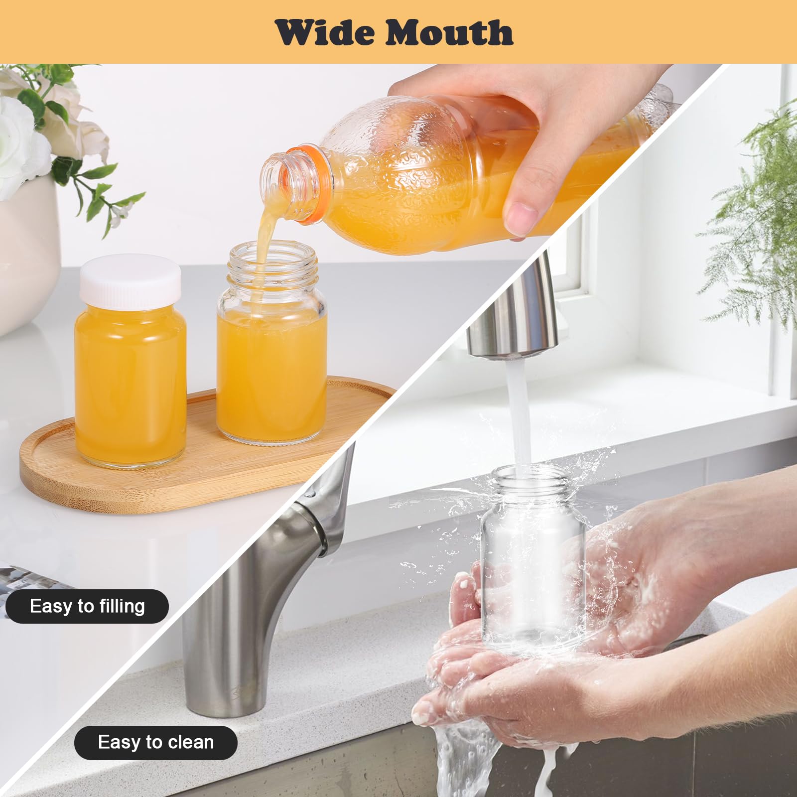 Hejo 10 Pcs Glass Shot Bottles with Lids, 60 ml Juice Shot Bottle with Labels, Reusable Mini Ginger Shot with Wide Mouth - Image 3