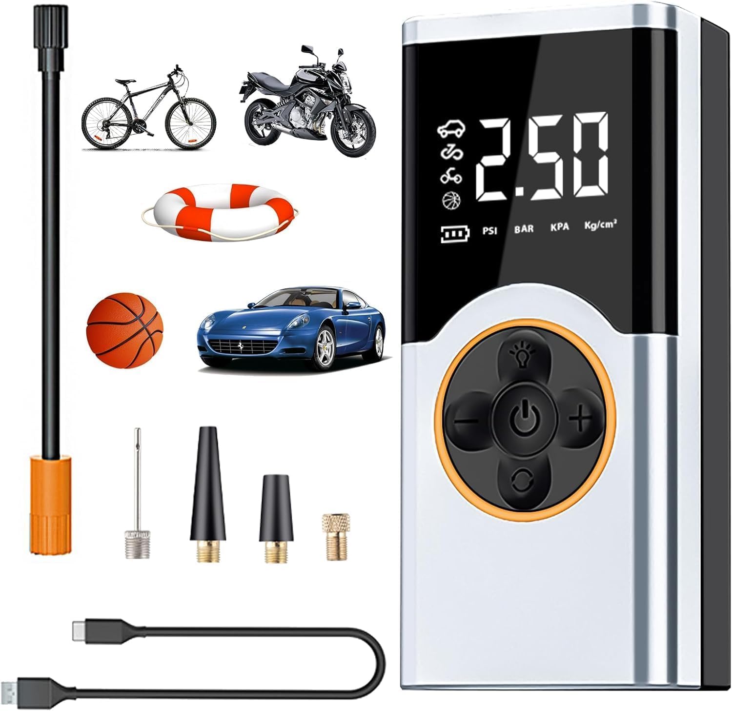 Compresor Aire Portátil, 150PSI Inflador Ruedas Coche, Compresor Aire Coche, 4000mAH Hinchador Ruedas Coche con Batería Recargable y Luz LED para Coche, Bicicletas, Motoy