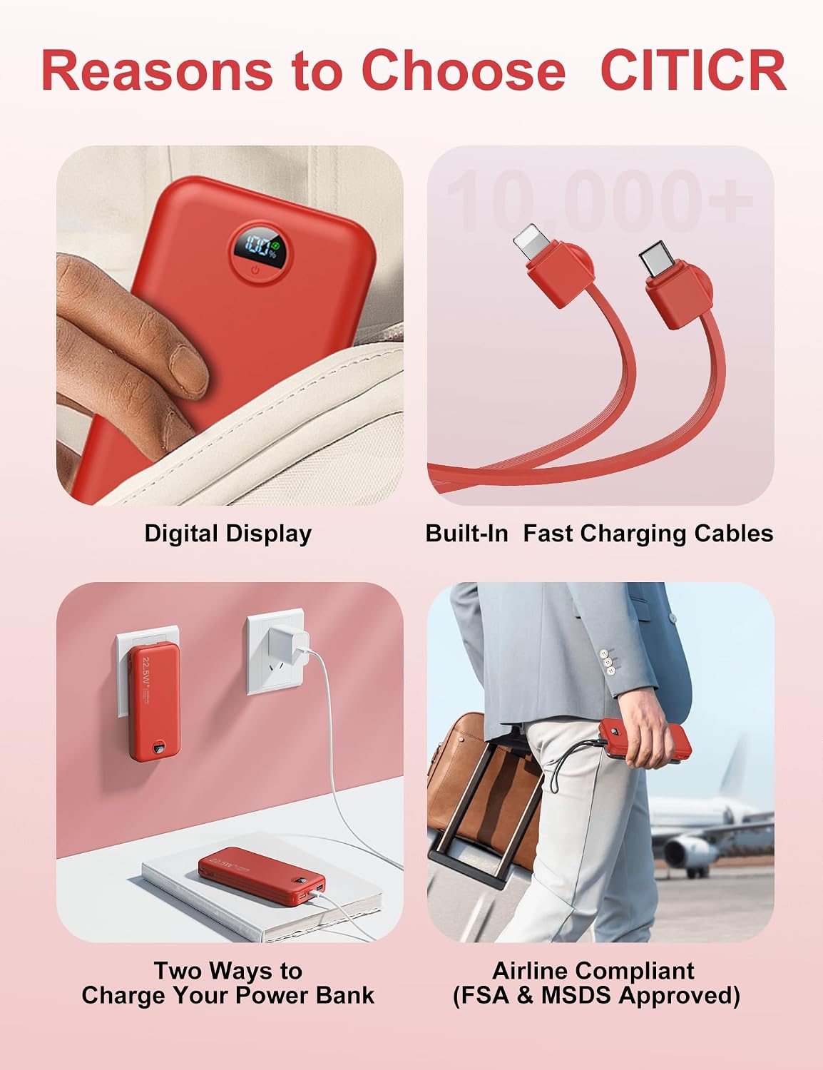 Portable Charger Power Bank, 12000mAh 22.5W USB C Fast Charging with Built-in Cables & Wall Plug, 5-in-1 Battery Pack with LED Display, Ultimate Travel Essential for iPhone, iPad, Samsung Red - 7