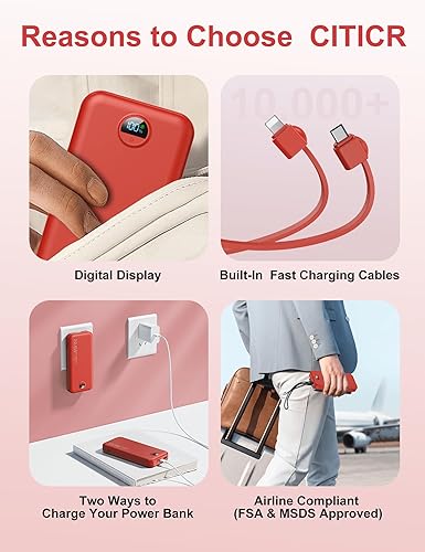 Miniatura 7 de Cargador portátil con cargador portátil, 12000 mAh, 22.5 W, USB C, carga rápida con cables integrados y enchufe de pared, batería 5 en 1 con