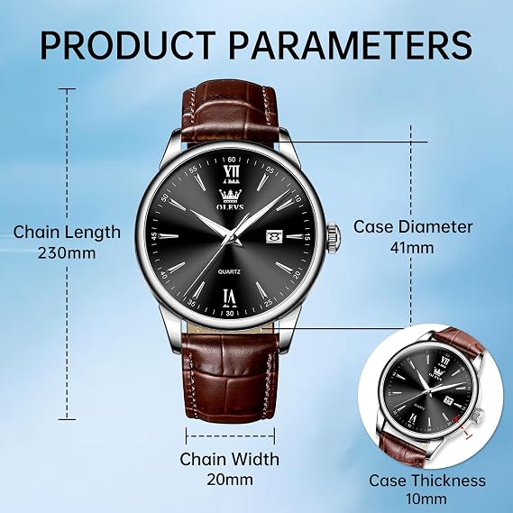 OLEVS Men's Waterproof Watch Leather Strap Quartz Classic Wristwatch Simple Dial with Date Luminous Watches for Men