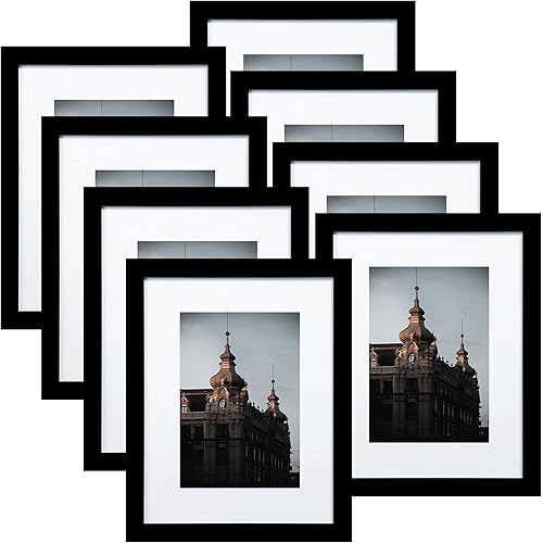 DUENPY 8x10 Picture Frame 8 Pack, Photo Frame for Wall Gallery Decor, Display Pictures 5 x 7 with Mat or 8 x 10 Without Mat, Black.