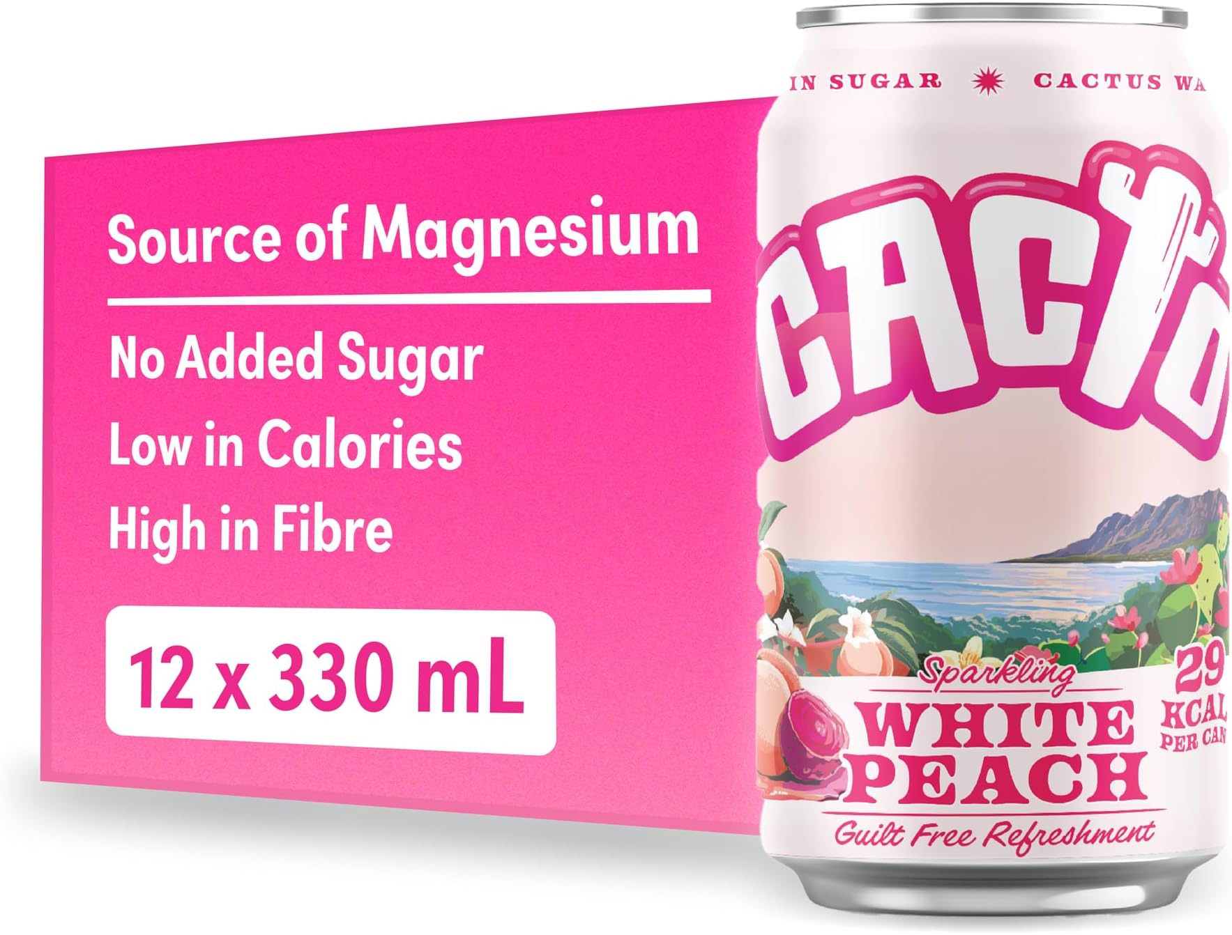 Drinks, Sparkling Cactus Water, White Peach & Prickly Pear Flavour – Natural Antioxidants & Electrolytes for Hydration & Recovery, Low Calorie Coconut Water Alternative, 12 x 330ml Cans