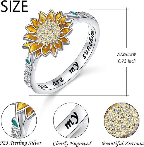 Miniatura 4 de Anillo de girasol de plata de ley 925 con circonita cúbica con texto en inglés "You are My Sunshine", anillos de flores para mujeres, mamá, esposa,