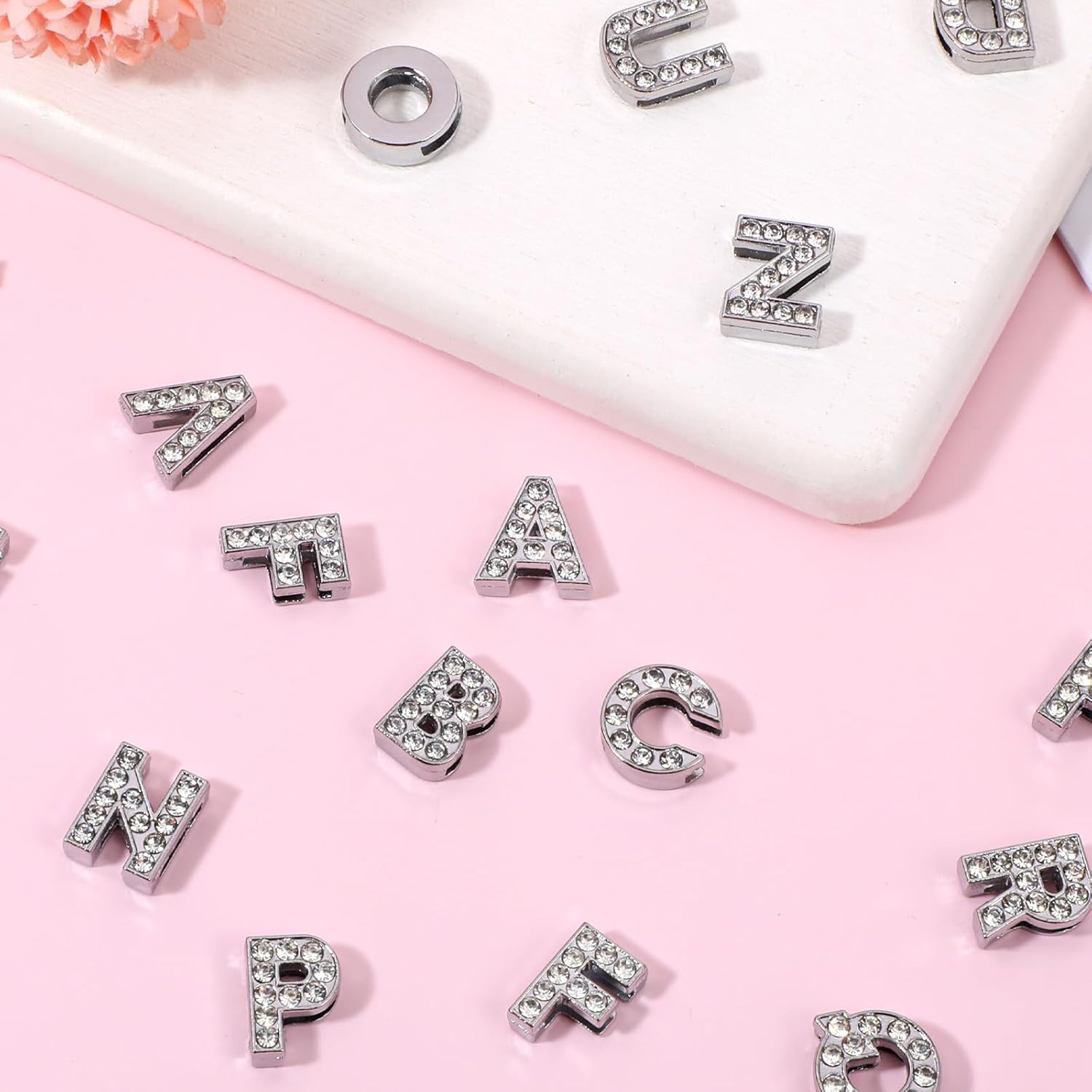 52 Pcs A-Z Full Rhinestone Charms, 8mm Slide Rhinestone Letters Phone Charms, Metal Silver Letter Charm For Diy Slide Wristbands, Bracelets,Jewelry Making, Shoe Bracelet Charm - Image 7