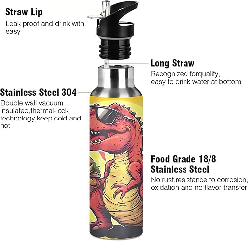 Miniatura 3 de Insulated Stainless Steel Water Bottle with Straw 32 Oz, Leakproof Water Bottles for Gym Outdoor Travel School, Red Dinosaur Hamburger Yellow