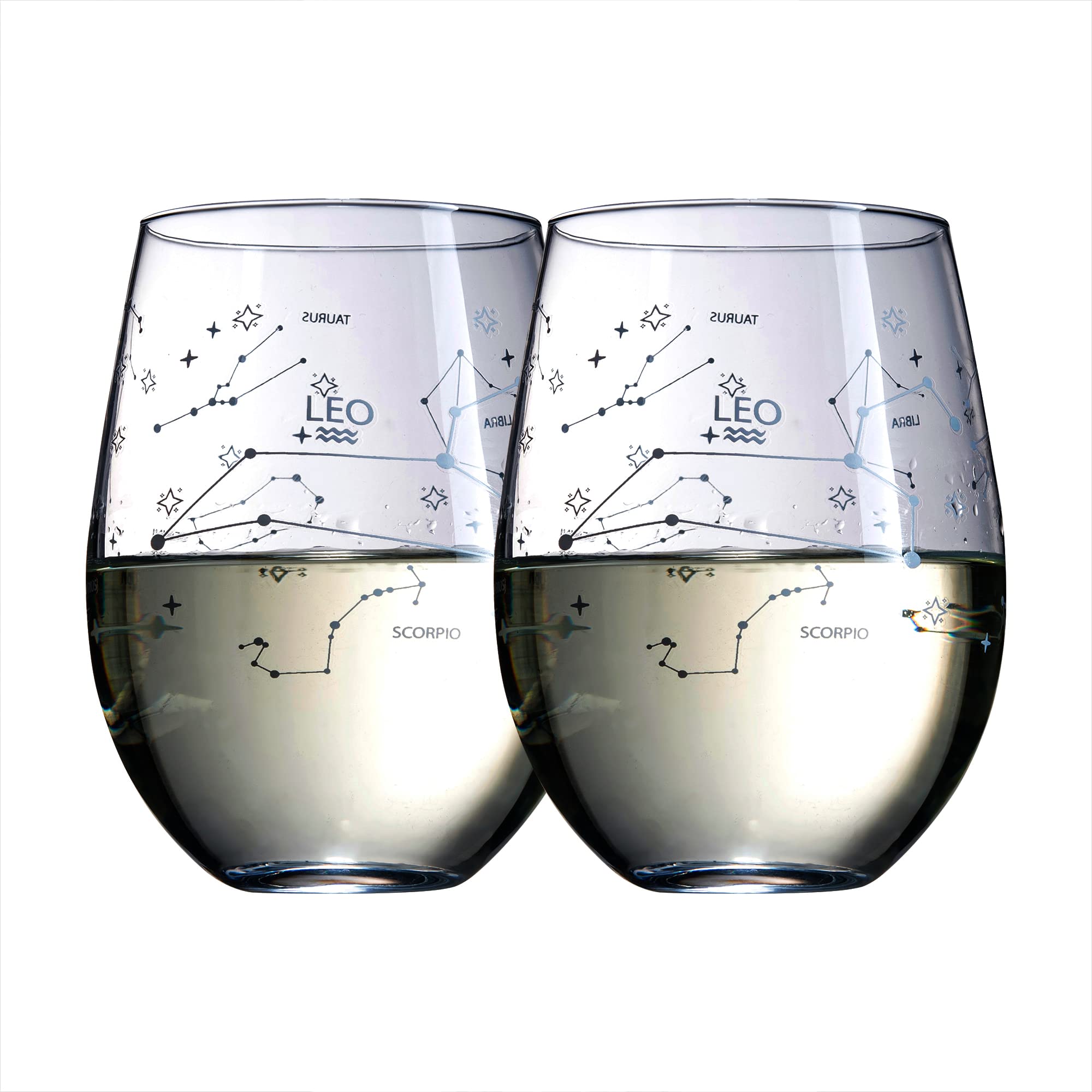 The Wine Savant Set of 2 Zodiac Sign Wine Glasses with 2 Wooden