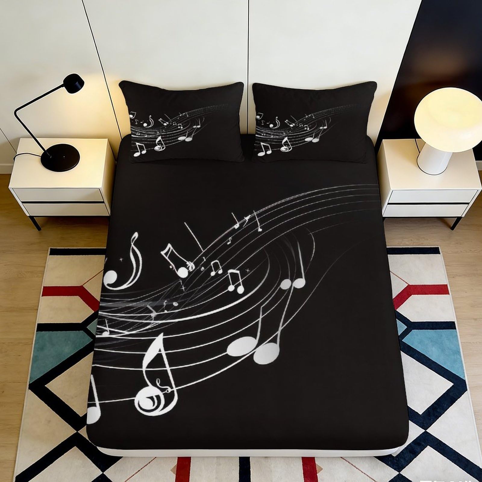 3D Printed Music Note Black Fitted Sheet Microfiber Soft Breathable Melody Pattern Bed Cover for Bedroom Guest Room 90x200x25cm