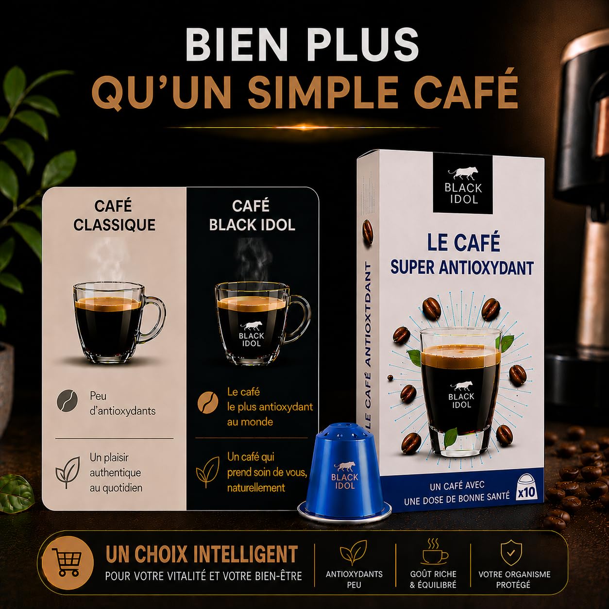 CAFÉ SUPER ANTIOXIDANTE – ANTIEDAD BLACK IDOL – 100 CÁPSULAS, compatible con NESPRESSO* ORIGINAL – Intensidad 10 – Café enriquecido con polifenoles antioxidantes naturales