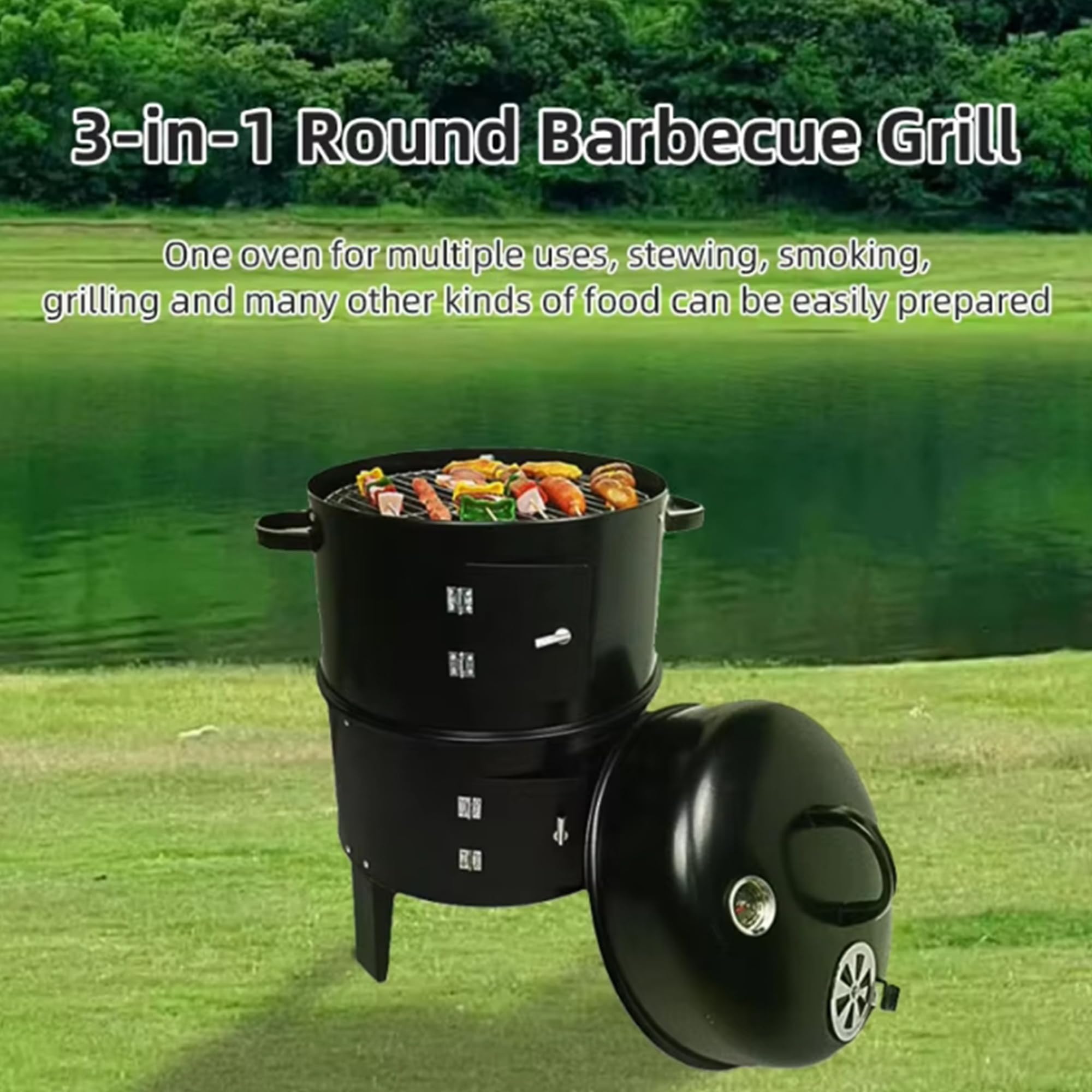 Przenośny Grill Węglowy Z Termometrem I Rusztem Do Podgrzewania, Ze Stali Nierdzewnej, Idealny Na Imprezy Kempingowe, Do Gotowania I Grillowania Na Świeżym Powietrzu