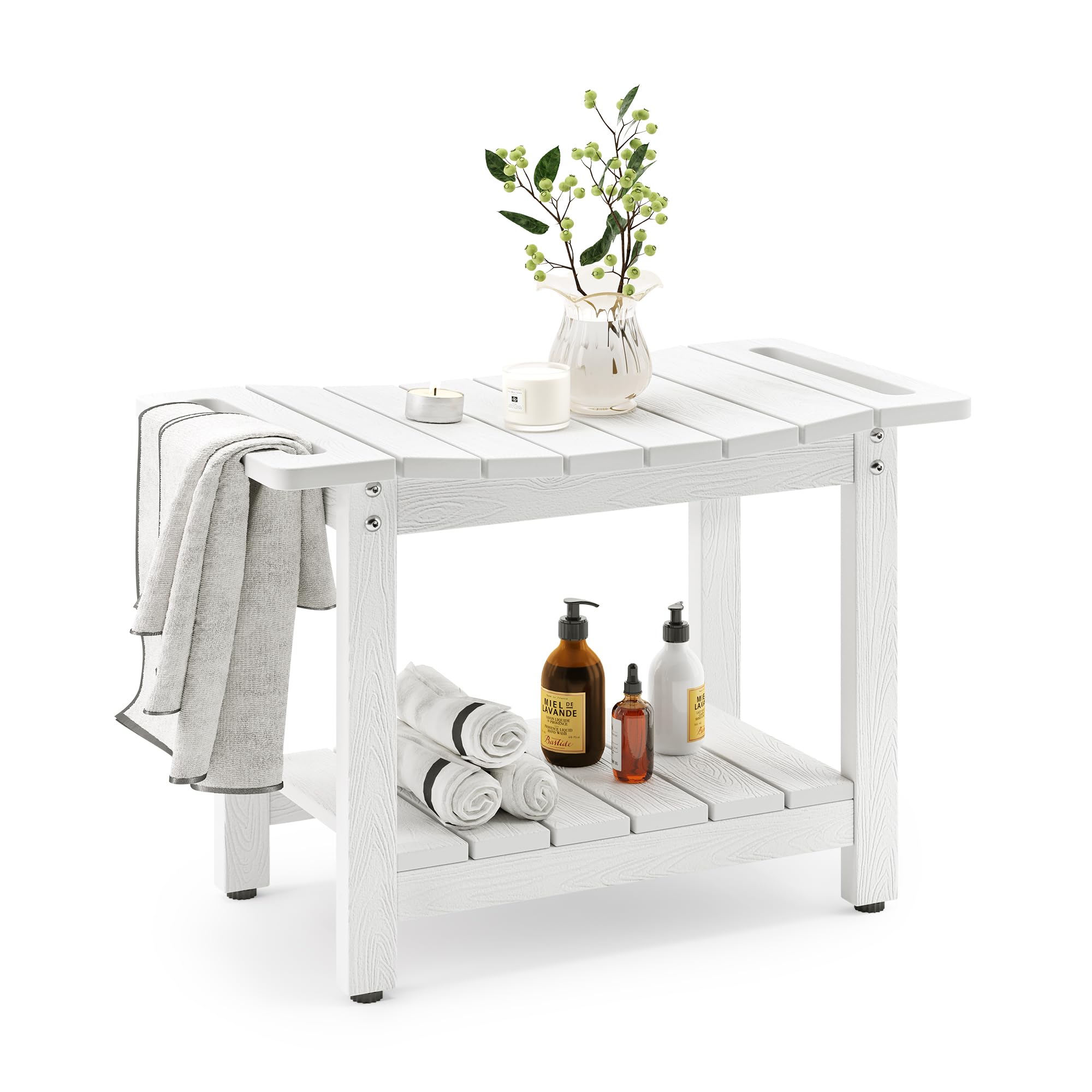 LUE BONA HDPS Shower Benches,Shower Stool for Shaving Legs with Shelf,Waterproof Bath Chair Seat for Bathroom,Weather Resistant/Indoor or Outdoor Use, 61cm, White — image 1