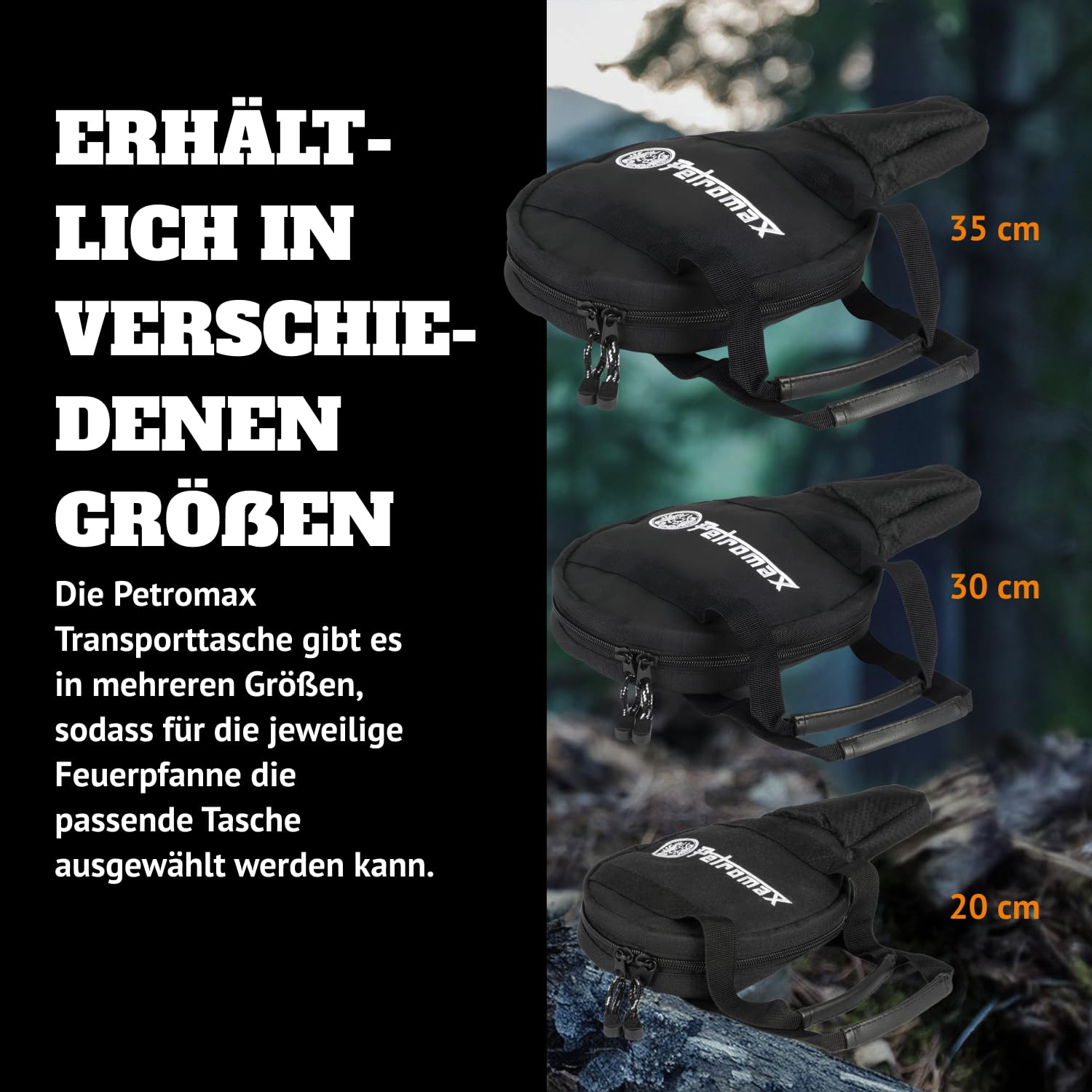 Petromax Transporttasche für Feuerpfanne FP35 - Aufbewahrungstasche aus Ripstop-Gewebe für gusseiserne Pfanne - mit Henkeln, Reißverschlusstasche und Netzeinschubtaschen für Zubehör - Schwarz
