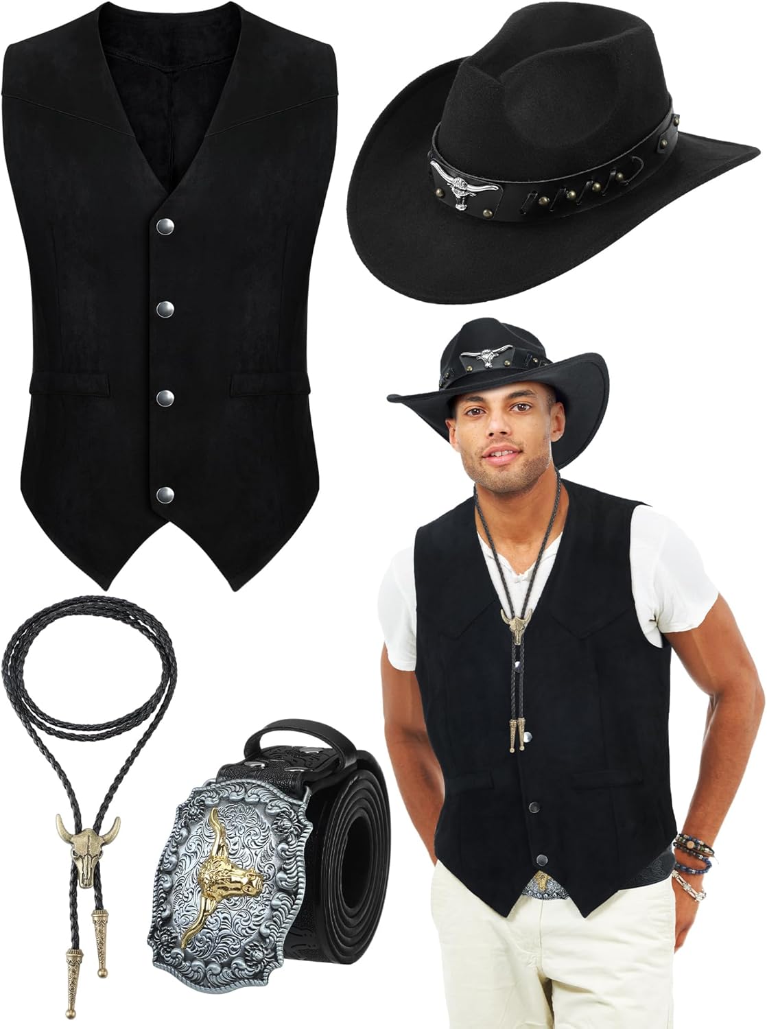 4 Pcs Western Cowboy Outfits for Men Suede Leather Vest Hat Bolo Tie Belt for Western Halloween Cosplay