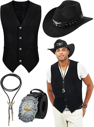 Cutecrop 4 Pcs Western Cowboy Outfits for Men Suede Leather Vest Hat Bolo Tie Belt for Western Halloween Cosplay