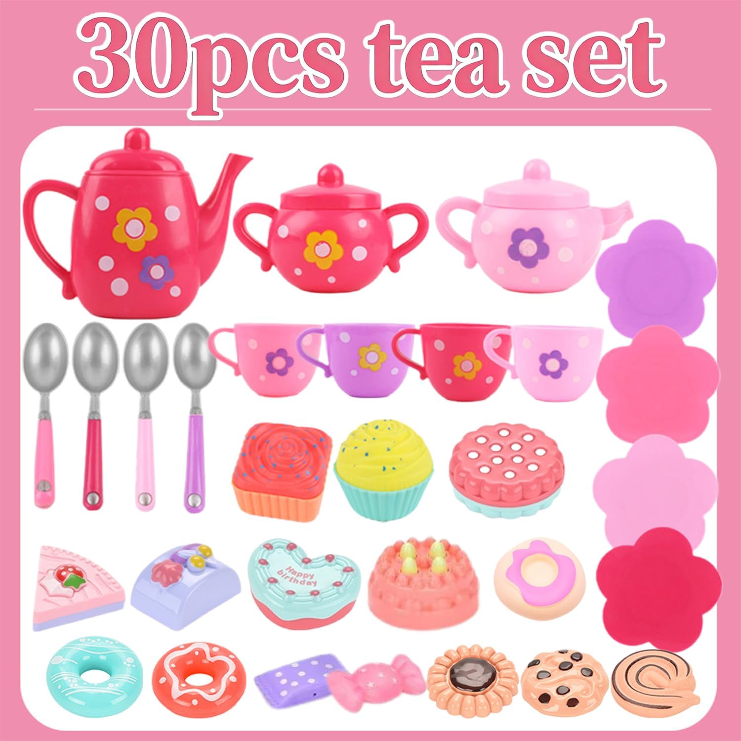 30 PCS Tea Party Set for Toddler Girls Toys Princess Toys Pretend Play Tea Set Toys Little Girl Birthday Gift Ages 3-5-6-8,Princess Tea Time Toys Kids Kitchen Pretend Play Toddler Girl Princess Toys