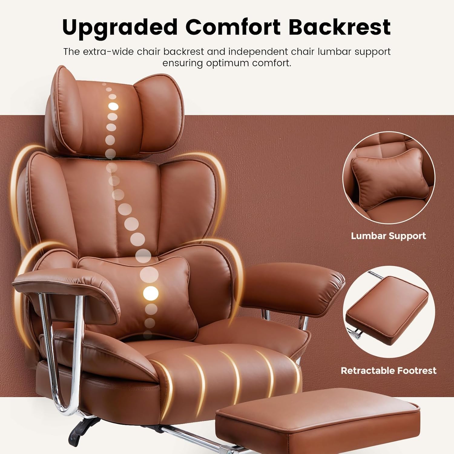 Big and Tall Executive Office Chair, Ergonomic High Back PU Leather Desk Chair, Heavy Duty Managerial Computer Chairs with Footrest, Adjustable Headrest, Armrests,Lumbar Support,400LBS(Brown)