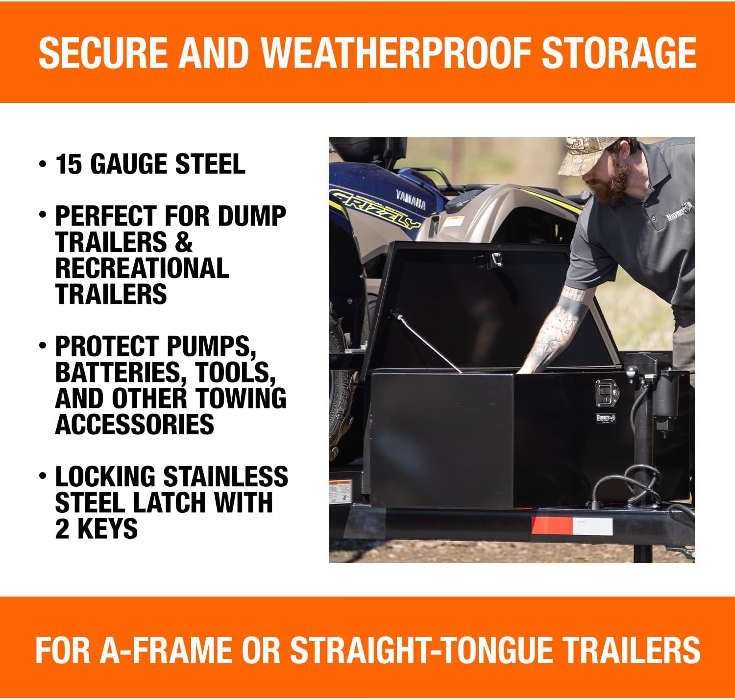 Buyers Products 1701280 Steel Trailer Tongue Box, 16.3 x 14.3 x 35.1 Inch, Black Gloss, Made In The USA, Trailer Tongue Tool Box For Storage And Organization, Trailer Storage Box