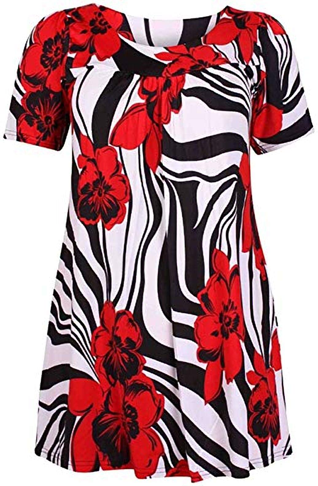 H&F Girls Girls Red Zebra Floral H&F ® New Women Ladies Plus Size Short Sleeves Stretch Round Scoop Neckline Floral Print Long Smock Tunic T-Shirt Top Size Uk 14 16 18 20 22-24 26-28