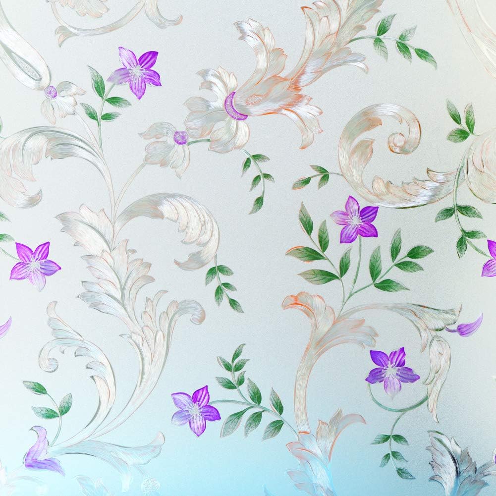Decorative Window Film Etched Floral,Privacy Door Film,Static Cling Glass Film,No Glue Stained Glass Anti UV Window Paper for Bathroom,Office,Meeting Room,Bedroom,35 inches by 78.7 inches