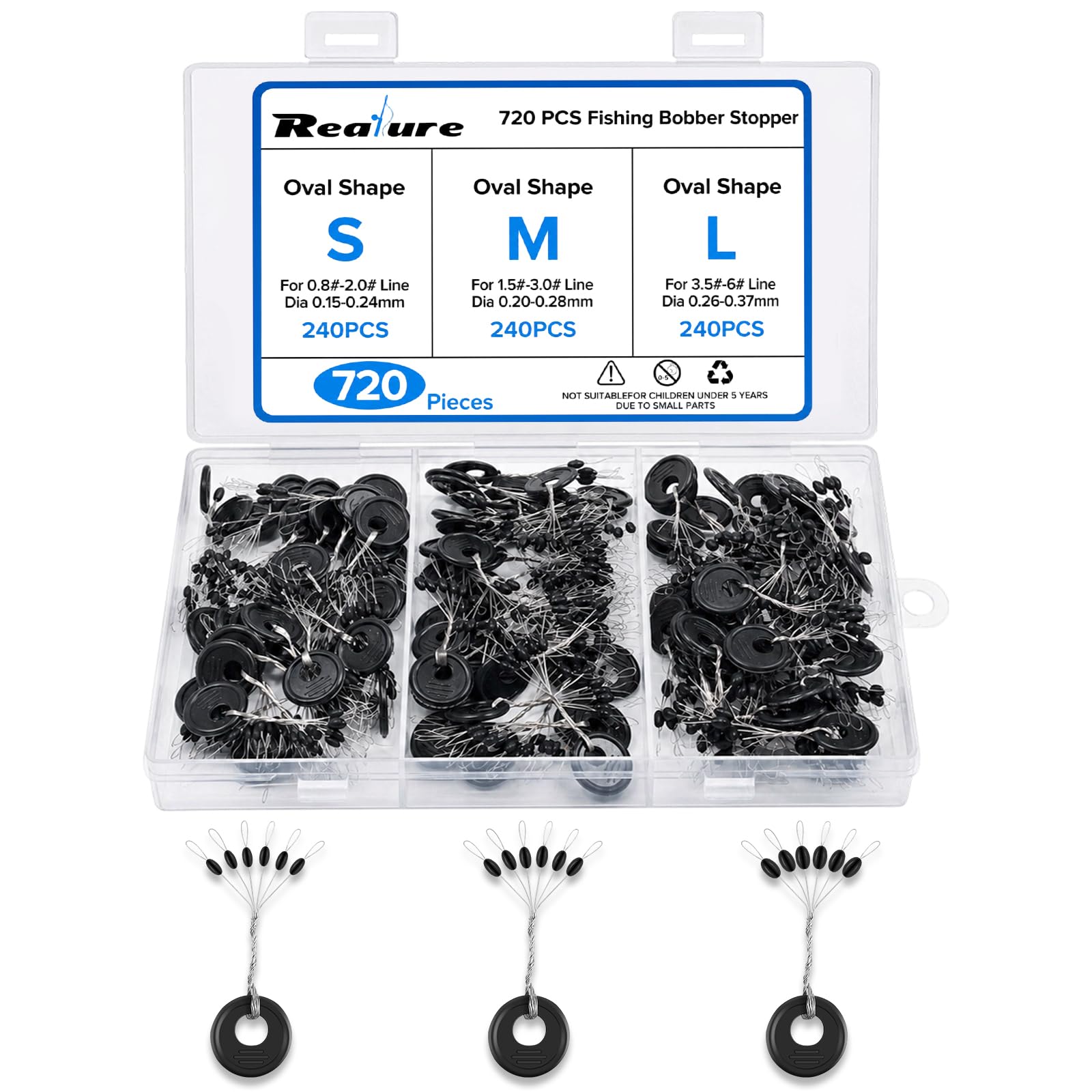 Realure 720‑Piece Oval Rubber Float Stops, 3 Sizes S/M/L Bobber Stoppers for Coarse Carp Fishing, Black Line Stops for 0.1–0.2mm Fishing Line with Storage Box