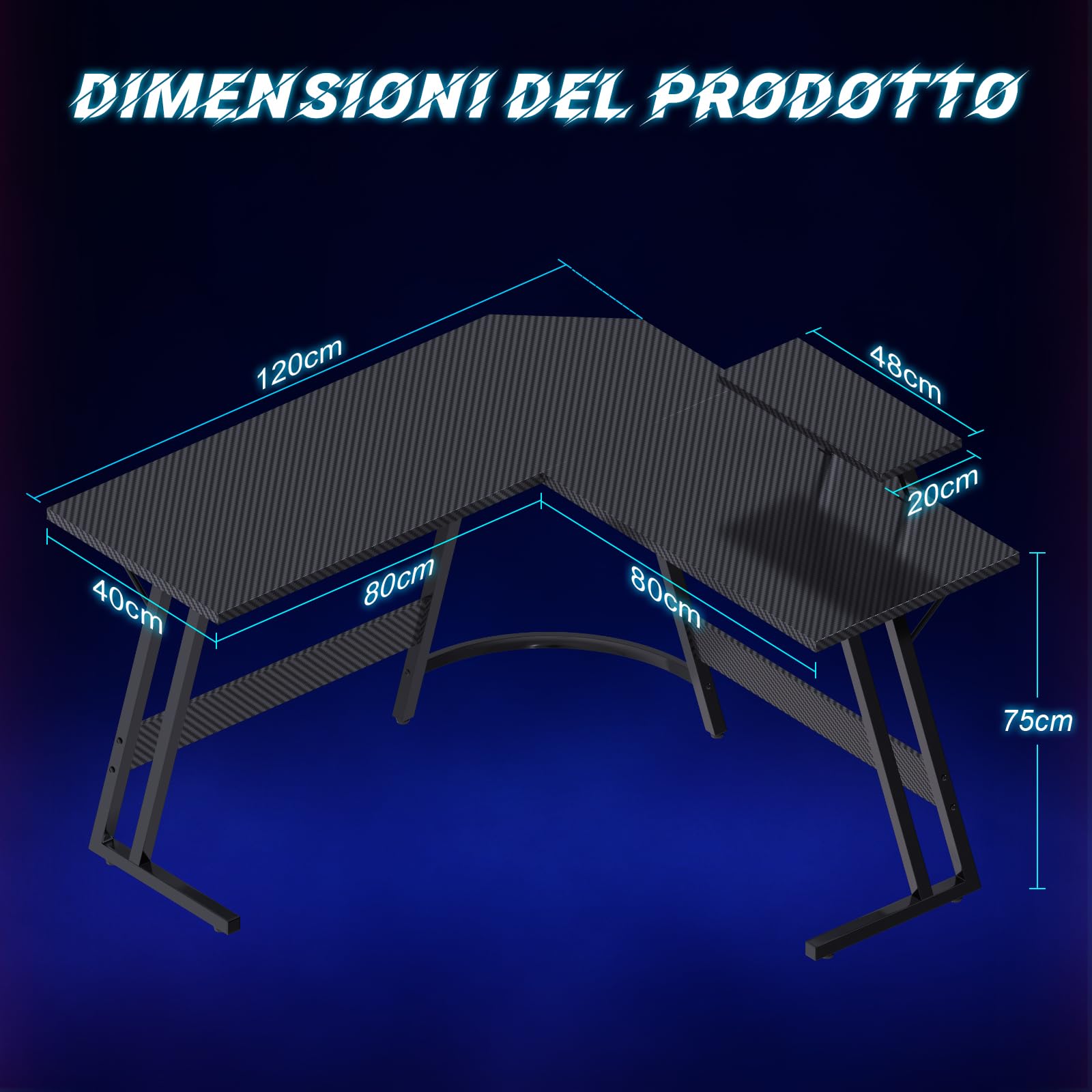 JUMMICO Scrivania Angolare, Scrivania Gaming 120x120cm - Tavolo da gioco a L con Supporto Reversibile per lo Schermo - Versatile (gioco/lavoro/studio) - Rivestita in Carbonio - Nero