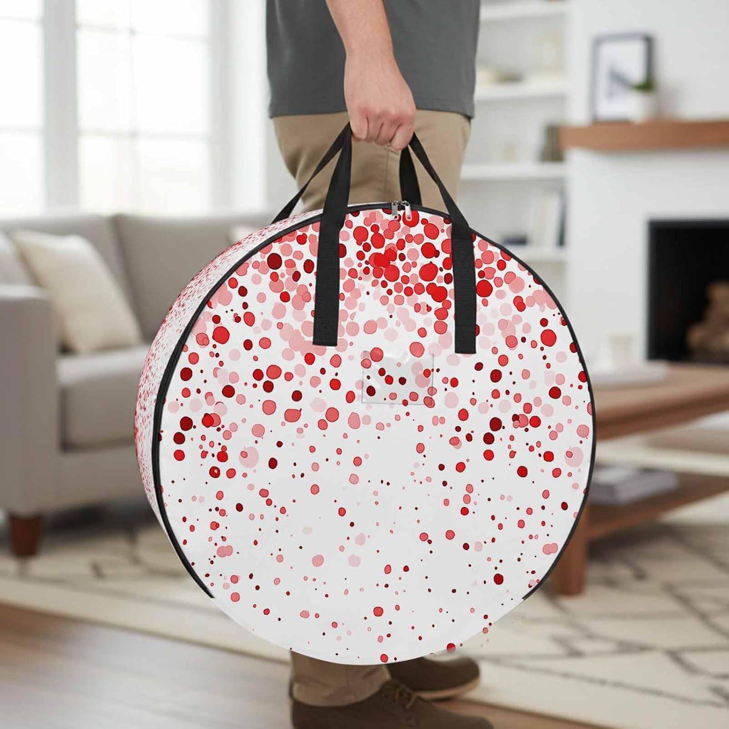 Red Polka Dot Round Storage Bag 36 Inch, Watercolor Red Gradient Abstract Modern Clothes Storage Container with Handles Heavy Duty Organizer for Comforter, Bedding & Holiday Wreaths