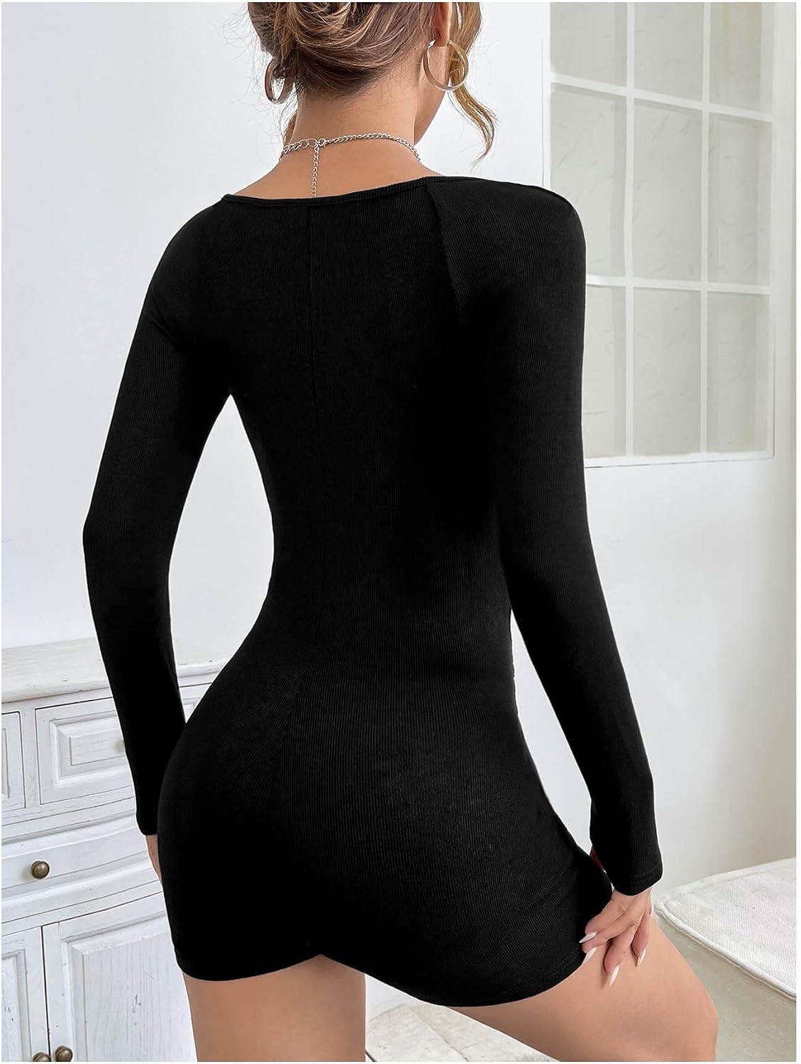 Verdusa Women's Square Neck Romper Long Sleeve Unitard Bodysuit Spring Outfits