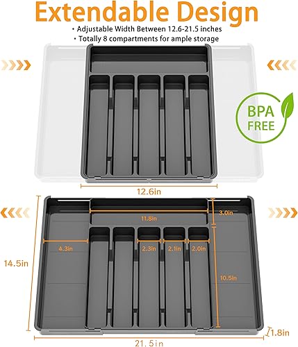 Miniatura 2 de Organizador de cajones de cubiertos, bandeja de utensilios expandible para cajones de cocina, sin BPA, soporte de cubiertos y cubiertos,