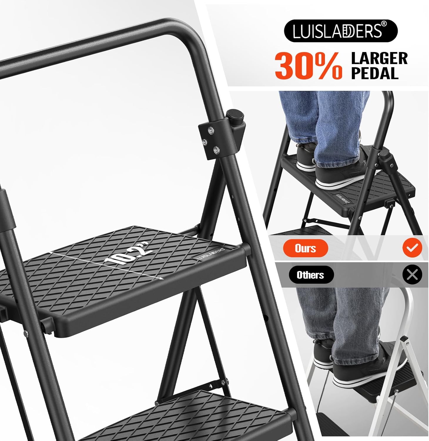 LUISLADDERS 3 Step Ladder with Handrails, Folding Step Stool with
