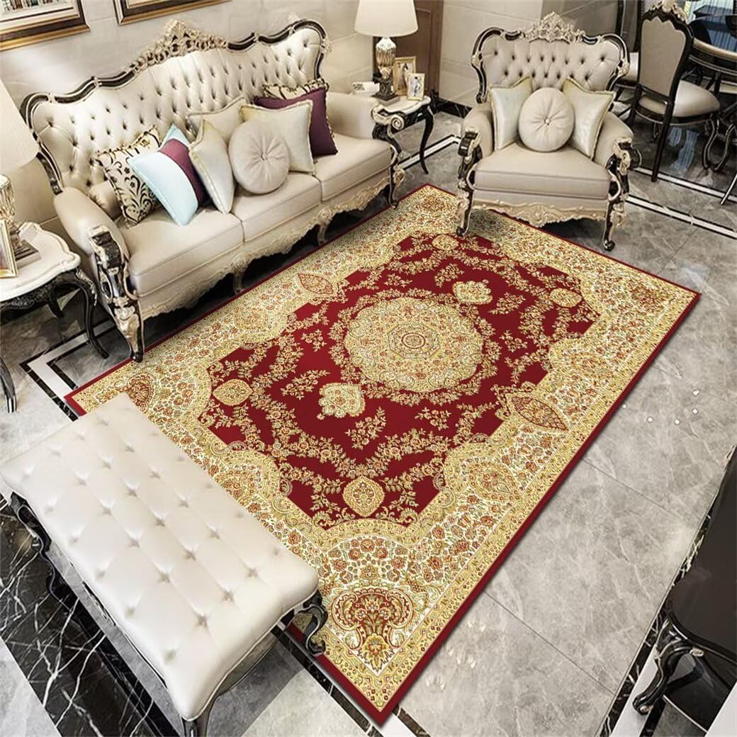 Tapis doux salon et de passage rouge 90x120CM avec motif floral pastoral