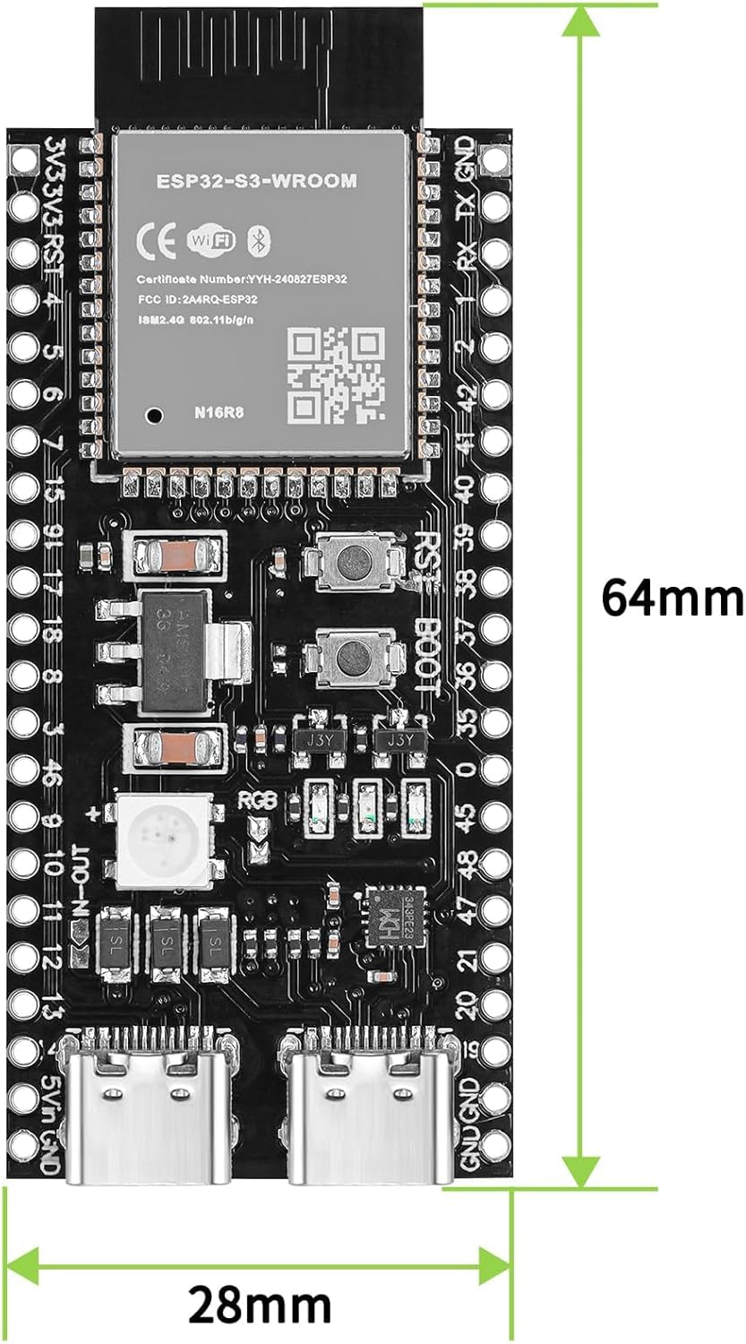 3pcs ESP32-S3-DevKitC-1-N16R8 Development Board Integrated 2.4GHz WiFi Bluetooth 5.0 ESP32-S3-WROOM-1 Microcontroller Processor Dual Type C Interface for Arduino with 1pcs 1m Type-C Cable Set