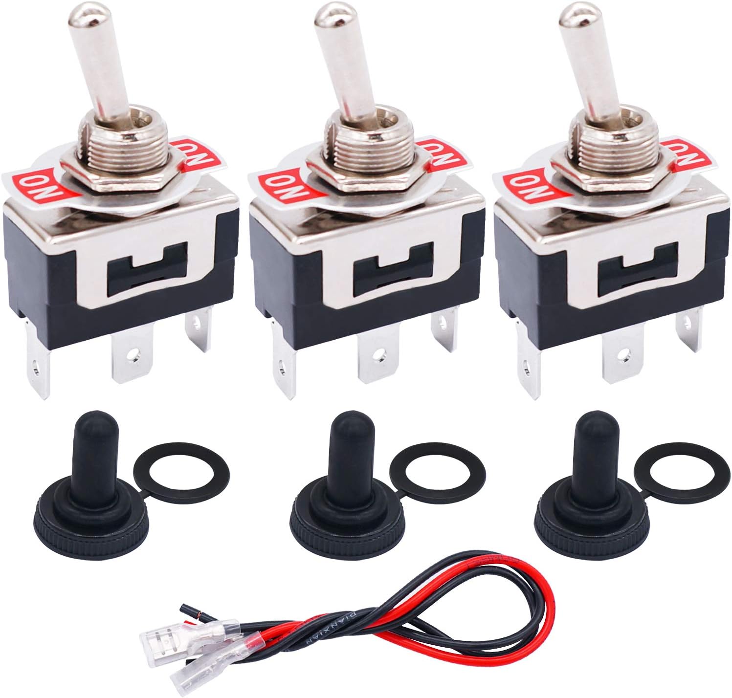 TWTADE 3 Pcs Latching Rocker Toggle Switch 3 Pin 2 Position ON/ON SPDT Heavy Duty 16A 250VAC Spade Terminal Metal Boat Switch with Waterproof Boot Cap + 6.3mm Terminal Wires TEN-1121MZX-B102