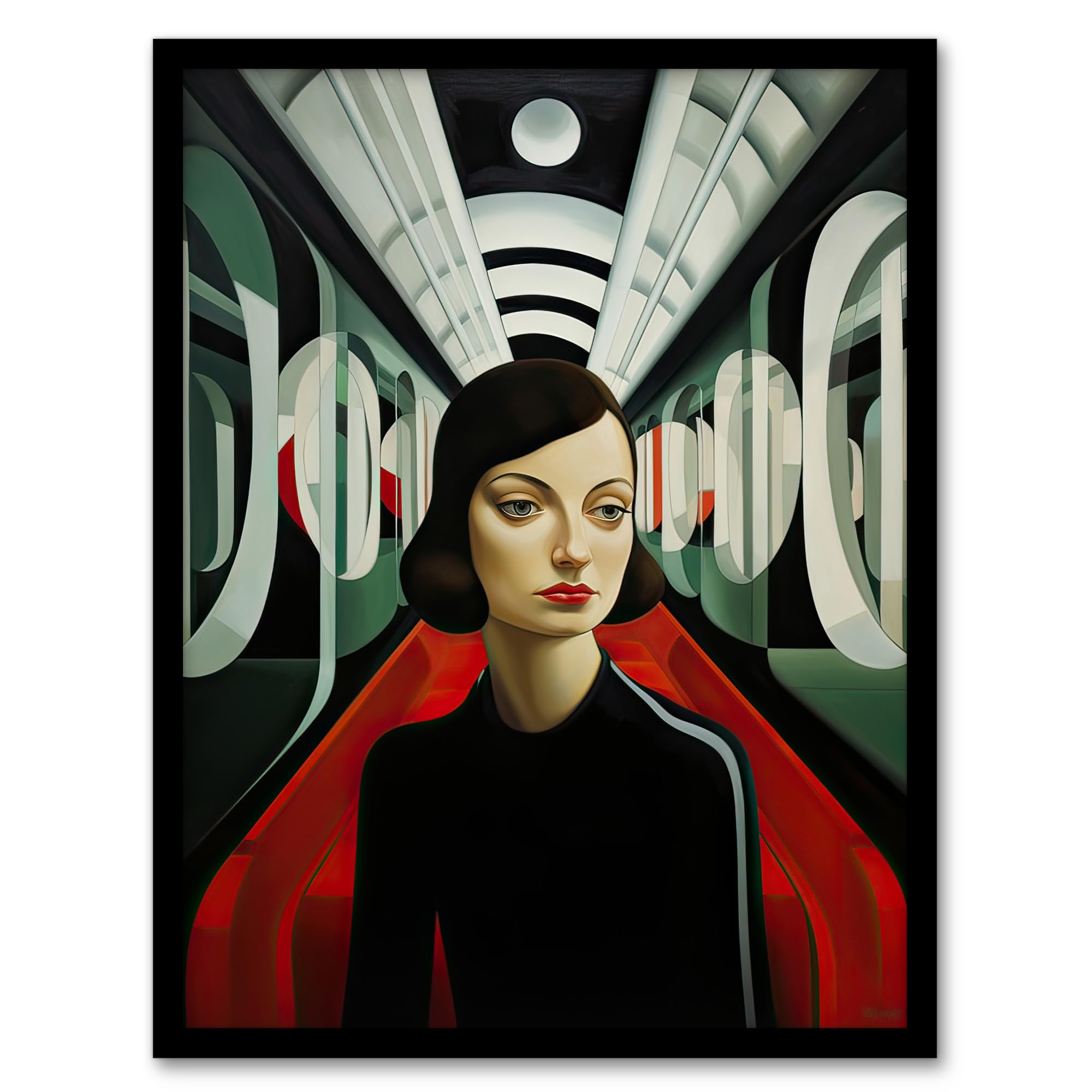 Artery8 Futuristic Train Ride Oil Painting Black Red Green Modern Art Deco Woman Portrait Artwork Framed Wall Art Print A4