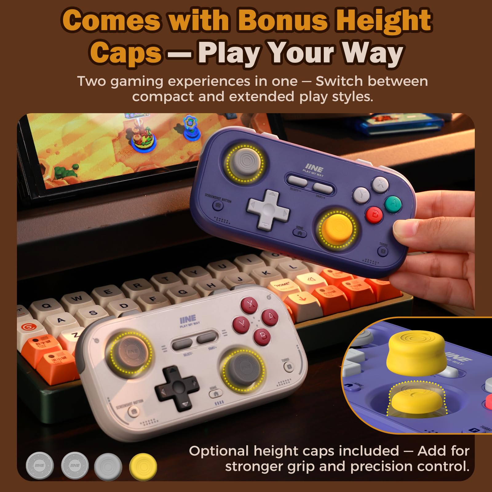 IINE Retro Pocket Game Controller with Hall Effect Joysticks, Switch 1 & 2 Compatible, Wireless Gamepad for Steam Deck, PC, Android, iOS, Customizable D-Pad, Vibration & Motion Control (Purple)