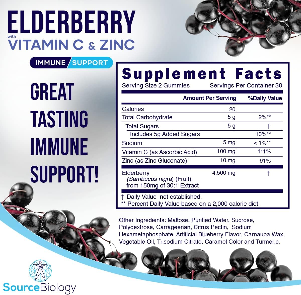 Source Biology Elderberry Gummies - Immune Support Formula - 4,500 Mg Elderberry per Serving - Vegan Friendly Gummies - with Vitamin C and Zinc