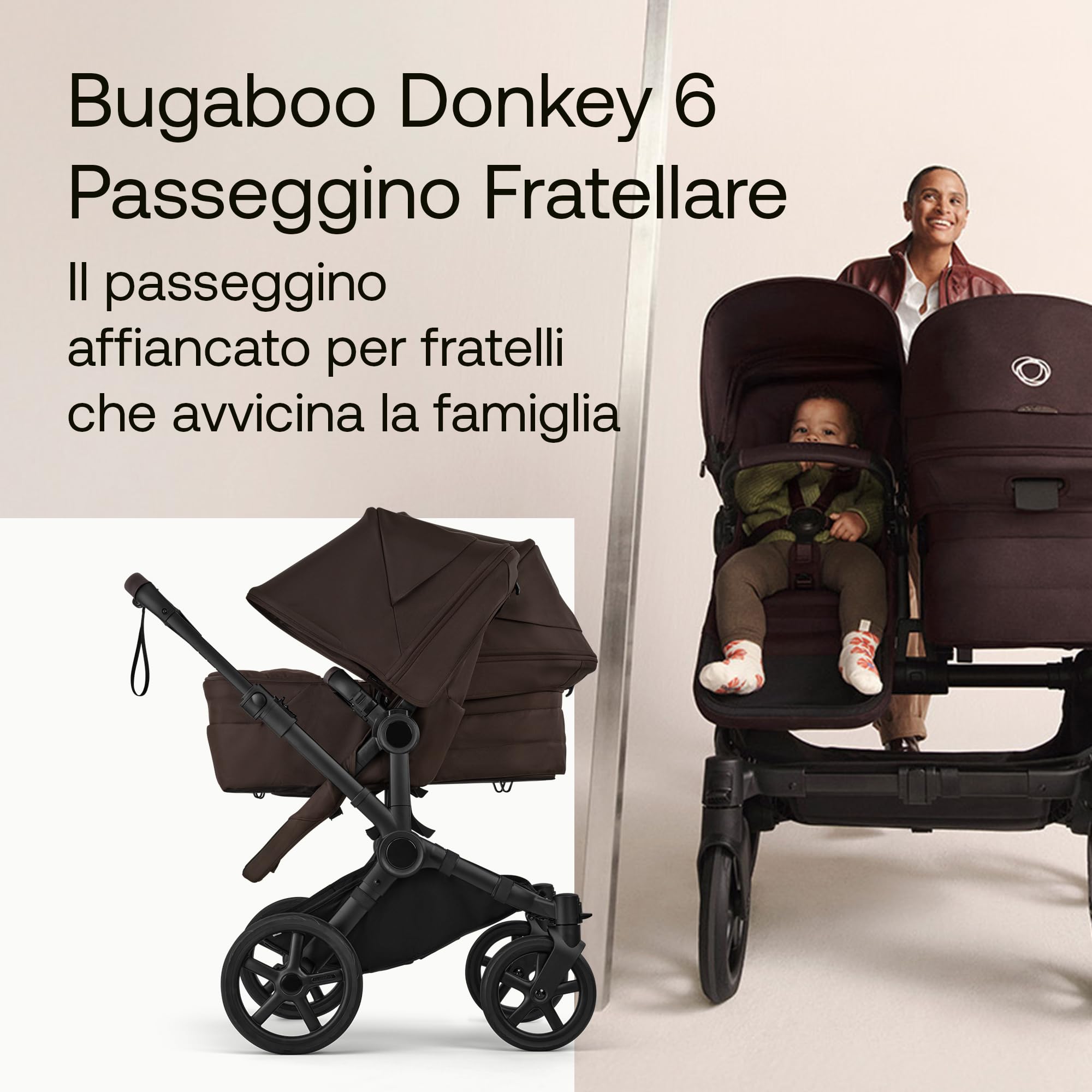 Bugaboo Donkey 6 Fratellare kit di Conversione per Carrozzina, Trasforma il Donkey 6 Singolo in un Passeggino Fratellare per Neonati e Bambini, Carrozzina Doppia con Seduta Reversibile, Cocoa Brown