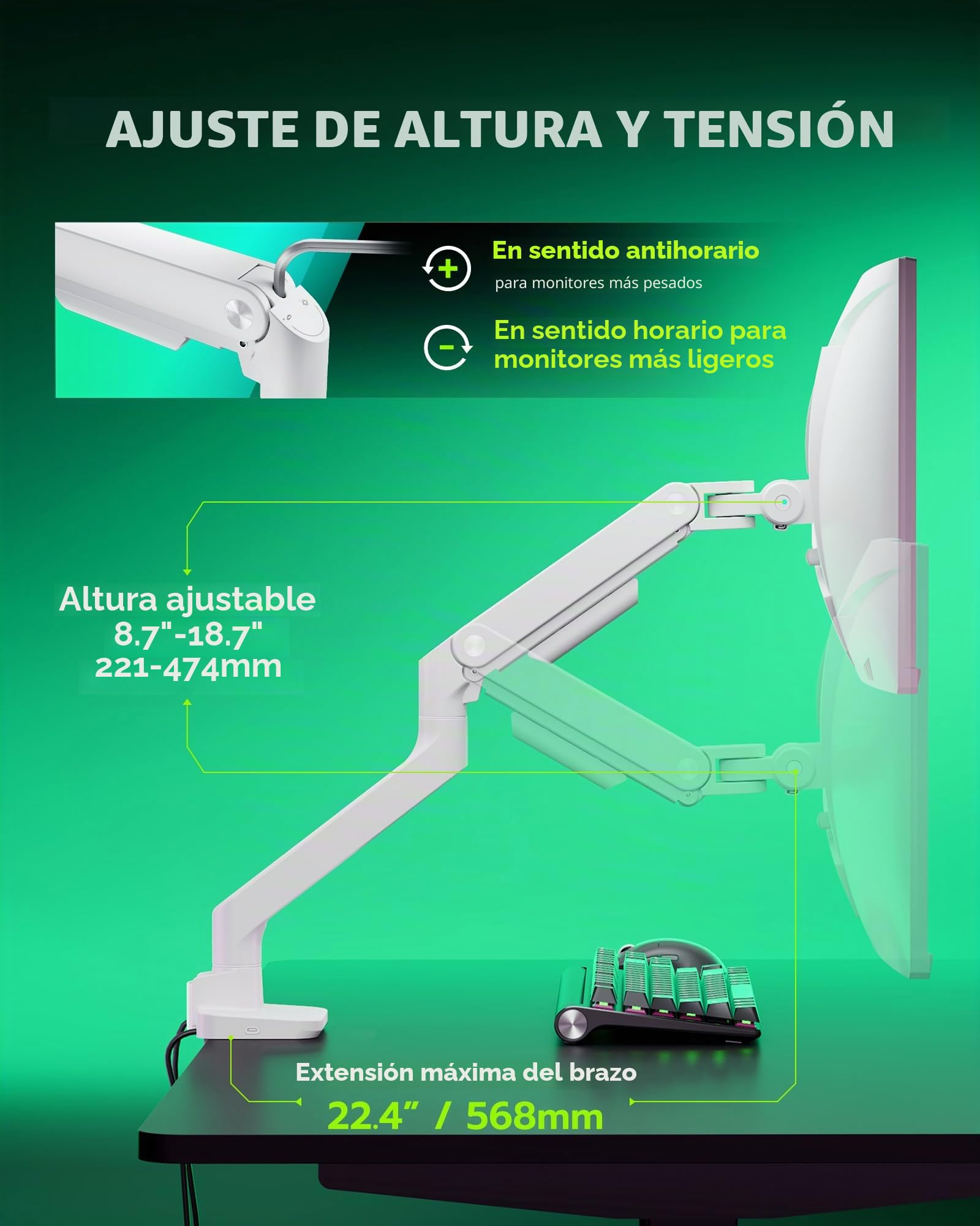 ARES WING Brazo Monitor Soporte Monitor 17-49" hasta 20kg con USB Blanco | Brazo para Monitor Plano y Curvo Ergonómico, Resorte de Gas, VESA 75/100 mm, Altura Ajustable, Giro 360°, Inclinación ±20°