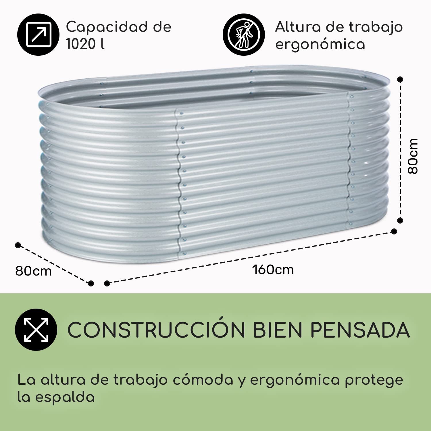 blumfeldt Cama de Cultivo Elevada de Metal para Jardín, Jardinera de Exterior para Huerto, Hierbas, Flores y Verduras, Kit de Bancal de Acero 804 L, Resistente a la Intemperie y Antioxidante, 1,6 m