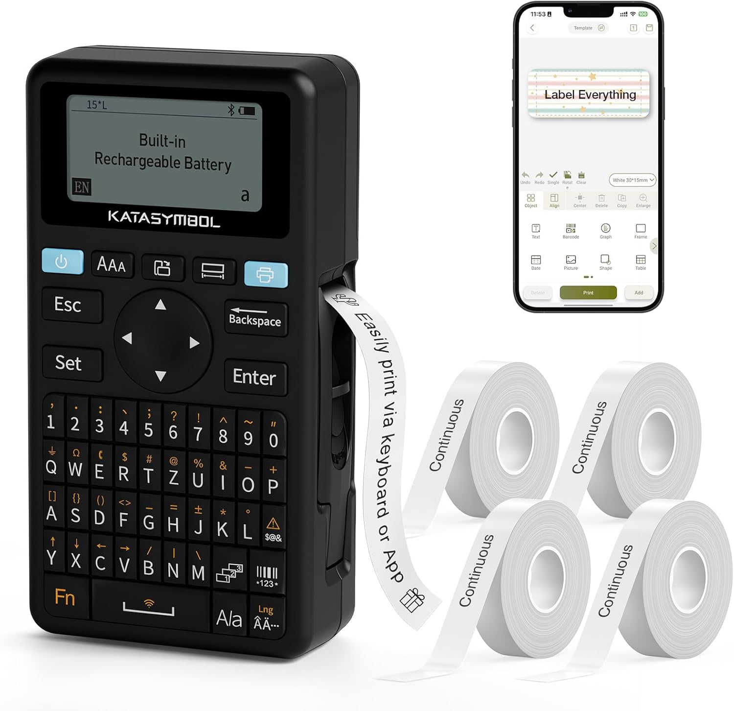 SUPVAN E11 Bluetooth Label Maker Machine with 4 Tapes, Support Keyboard & App with 30+ Fonts and 660+ Icons, Rechargeable Inkless Labeler for Home, Kitchen, Office, School, Organization, Black