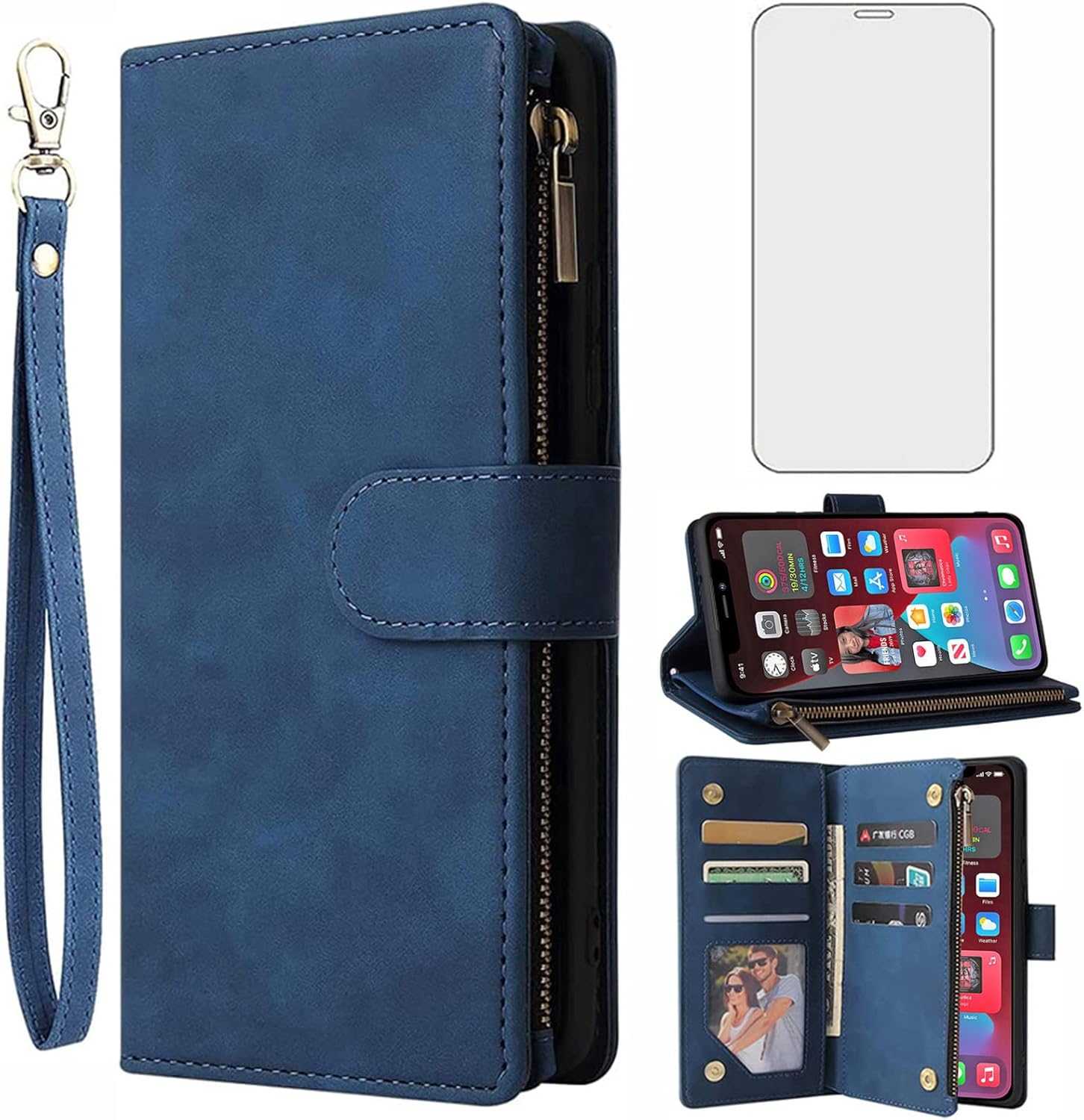 Asuwish Compatible with iPhone 11 Pro Max 6.5 Wallet Case Tempered Glass Screen Protector and Leather Flip Cover Card Holder Stand Cell Phone Cases for iPhone11 11pro Promax i XI Plus Women Men Blue