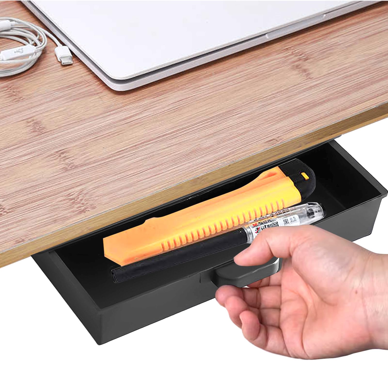 Caja Organizadora para Debajo del Escritorio,Organizador de Cajones de Plástico,Cajón Autoadhesivo Oculto de Gran Capacidad con Estructura Firme para Oficina Hogar Escuela, (Negro)