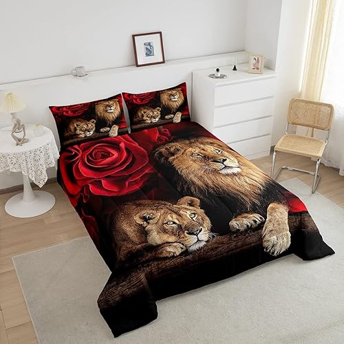 Miniatura 3 de Erosebridal Juego de edredón de decoración de habitación de rosas y flores, juego de ropa de cama con estampado de león animal para niños,