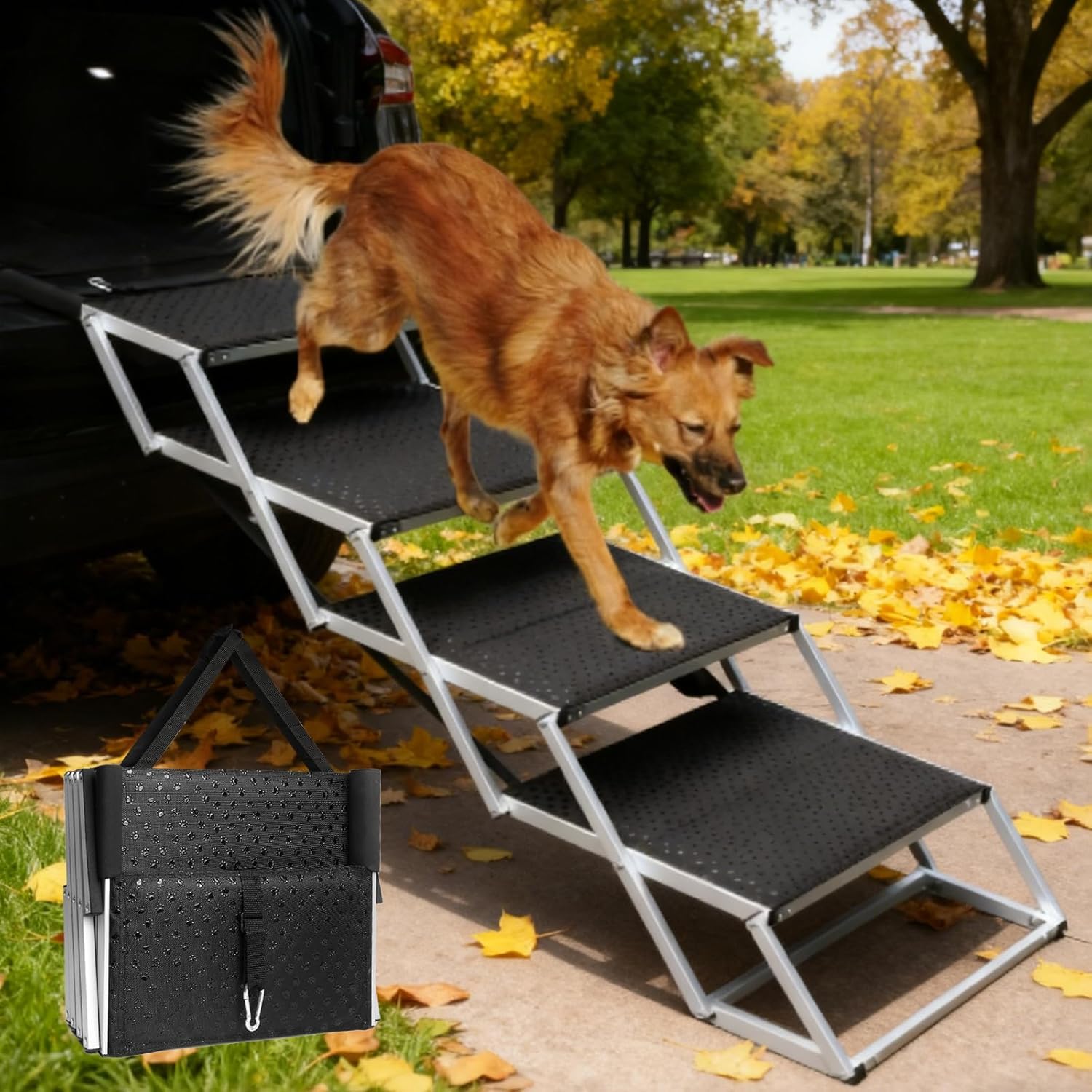 Storystore 4 Step Dog Ramp for Cars, Folding Dog Steps for Car Portable Pet Ramp for Large Dogs with Non Slip Surface, Aluminum Lightweight Pet Stairs for Car SUV Truck Bed Sofa, Supports up to 113KG