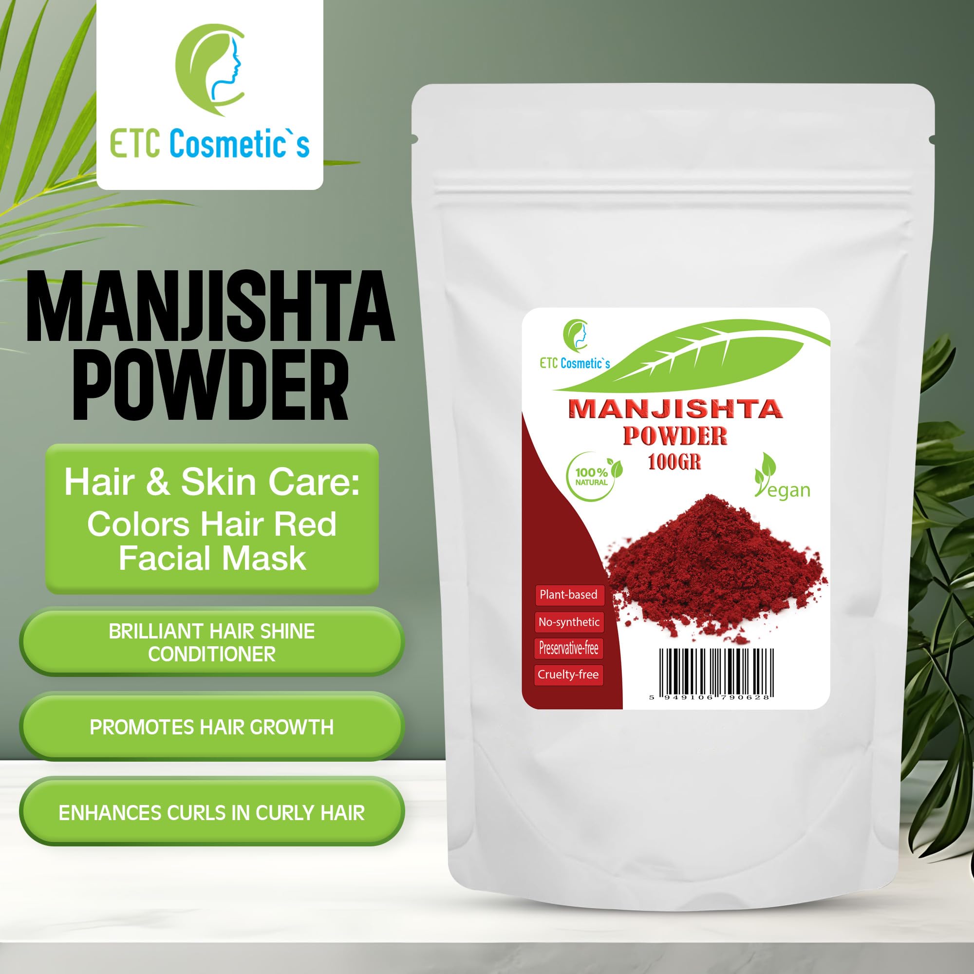 POUDRE DE MANJISTHA - 100% naturel - utilisé dans les formulations de soins de la peau et des cheveux, masque facial végétalien naturel (100 gr) (Lot de 2)