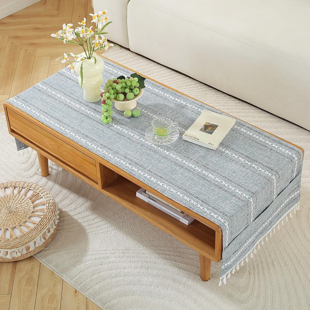 Yongxinmy Grey Cotton Linen Rectangular Tablecloth For Living Room - Simple Tv Cabinet Mat, Coffee Tablecloth With Pockets, Tassel Fringe Cover For Tea Table Dining Hall Fridge Top Cover (Gray,60X160cm)