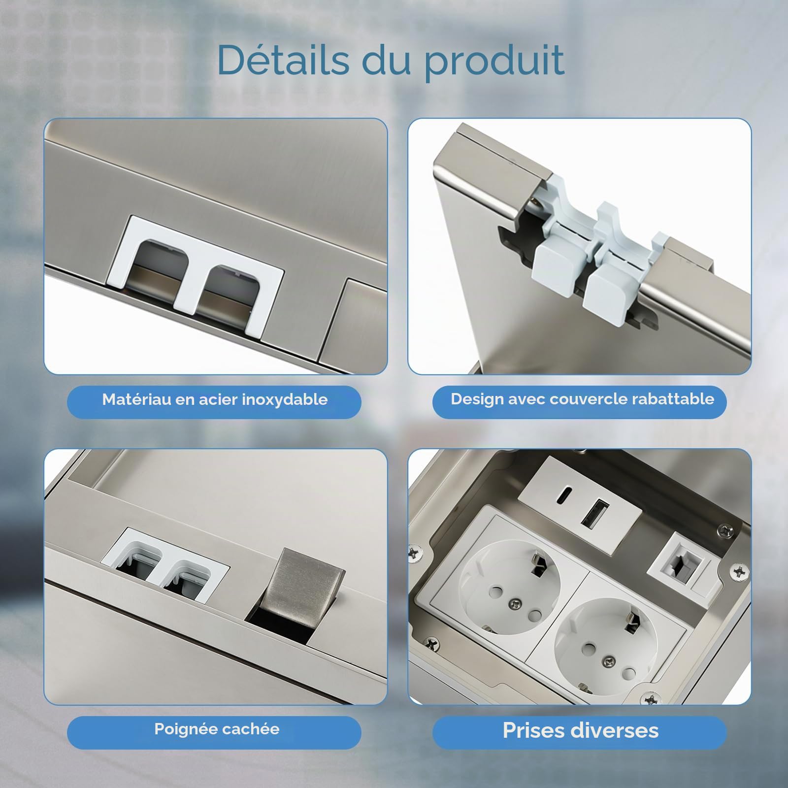 Prise de sol intérieure USB encastrable pour cuisine, encastrable au sol avec 1 connecteur RJ45, prise de sol extérieure pour le sol dans la cuisine, le salon et le bureau